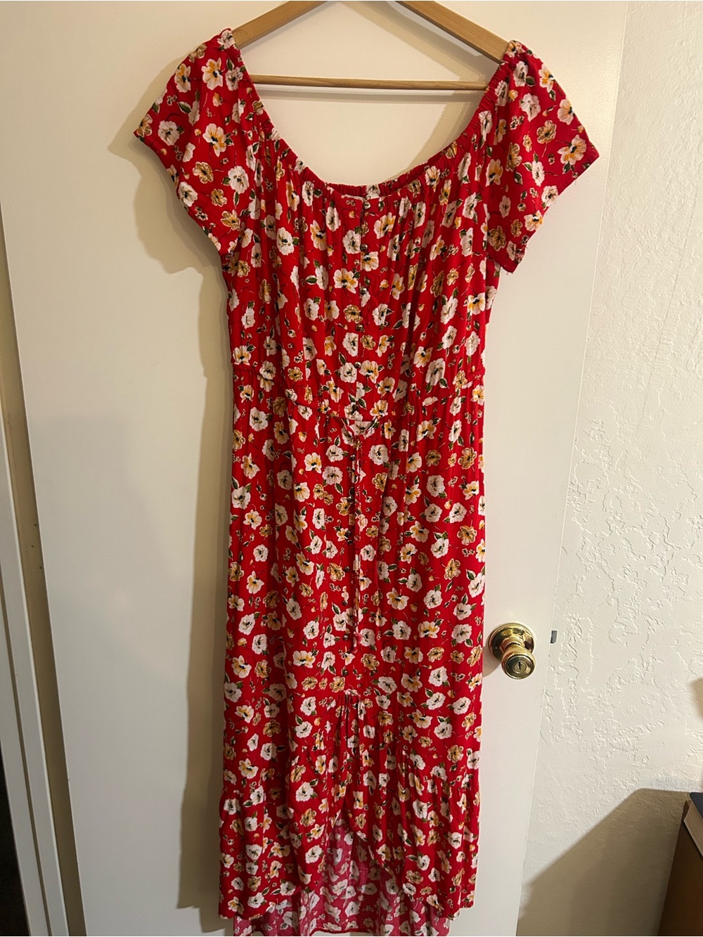 🍓2 for $20 dress sale 🍓Red Floral Maxi Dress with Square Neck and Cap Sleeves